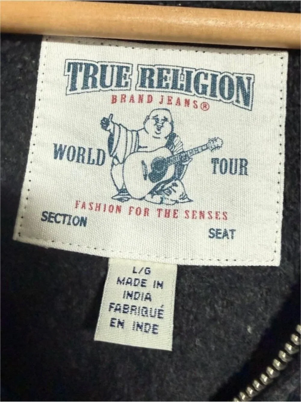 True Religion Zip-Up Hoodie Charcoal Gray Contrast Stitch Logo Size Large